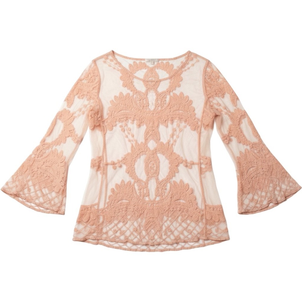 Saint Tropez West Peach Sheer Mesh Lace Floral Embroidered Bell Sleeve Top M